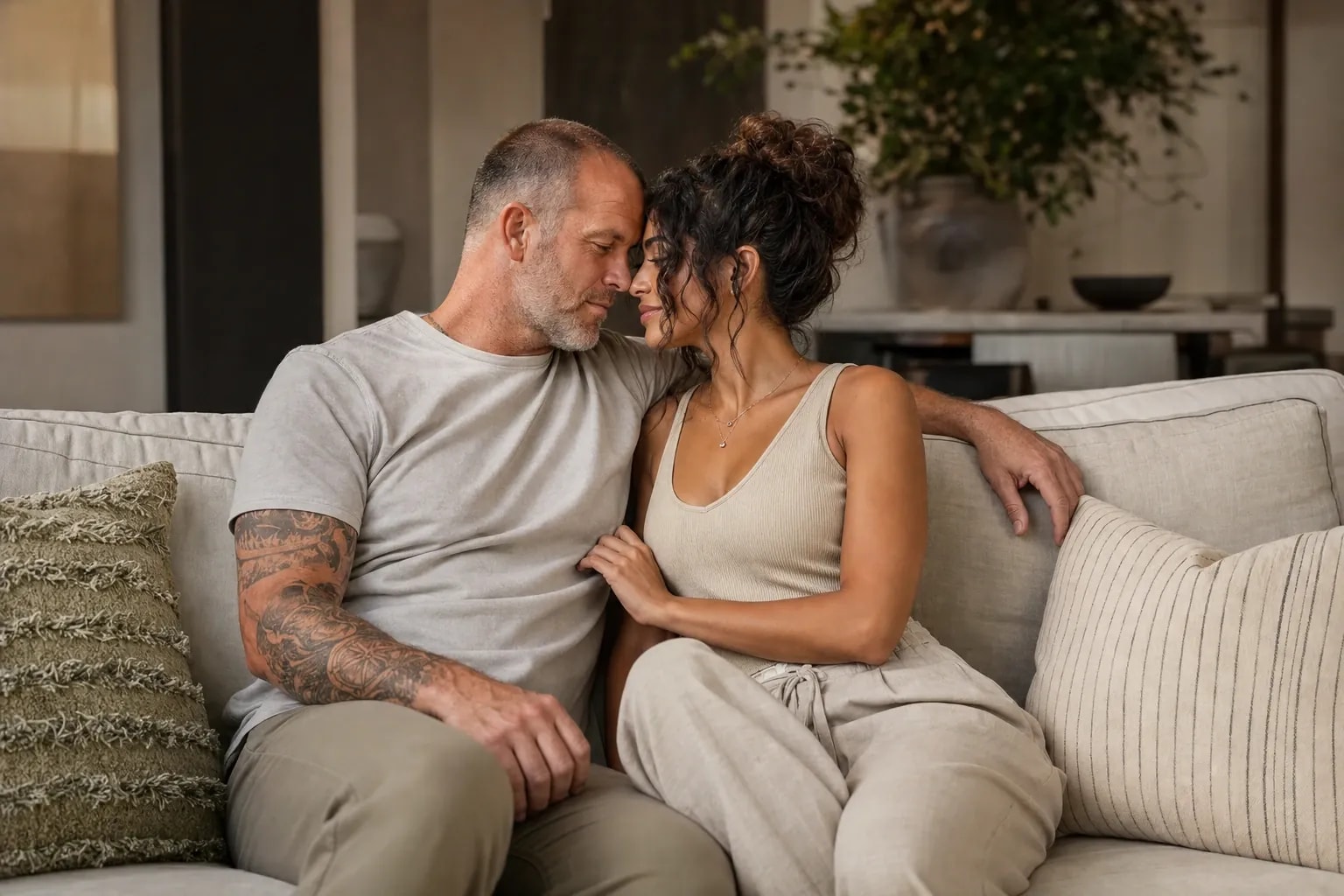 Couple relaxing close together on a sofa